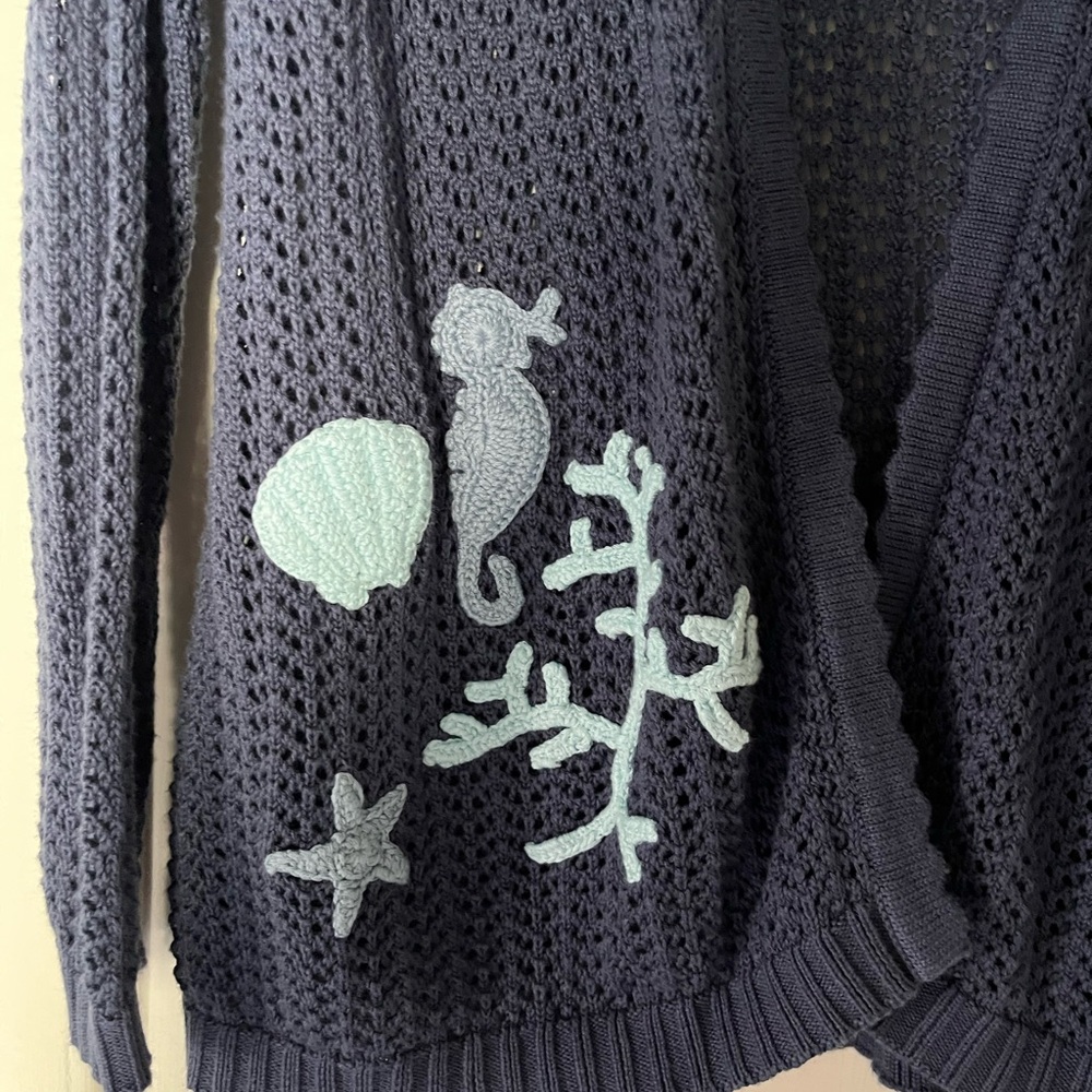 Isaac Mizrahi Navy Open-Front Knit Cardigan with Light Blue Sea Appliqués - Picture 2 of 5